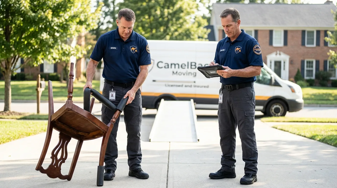 Movers inspecting furniture for damage prevention before loading in Boulder Creek, CA